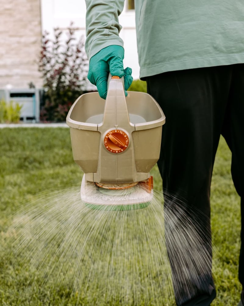 HomeGuard technician spreading granule treatment across a lawn